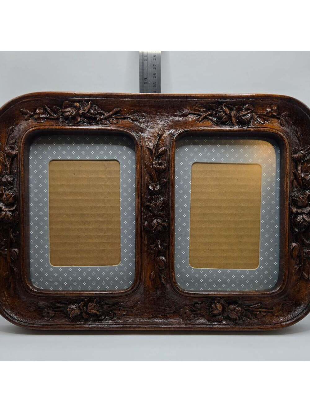 Antique Wood HandCarved Picture Frame Rosebuds Victorian Style Has Two Windows